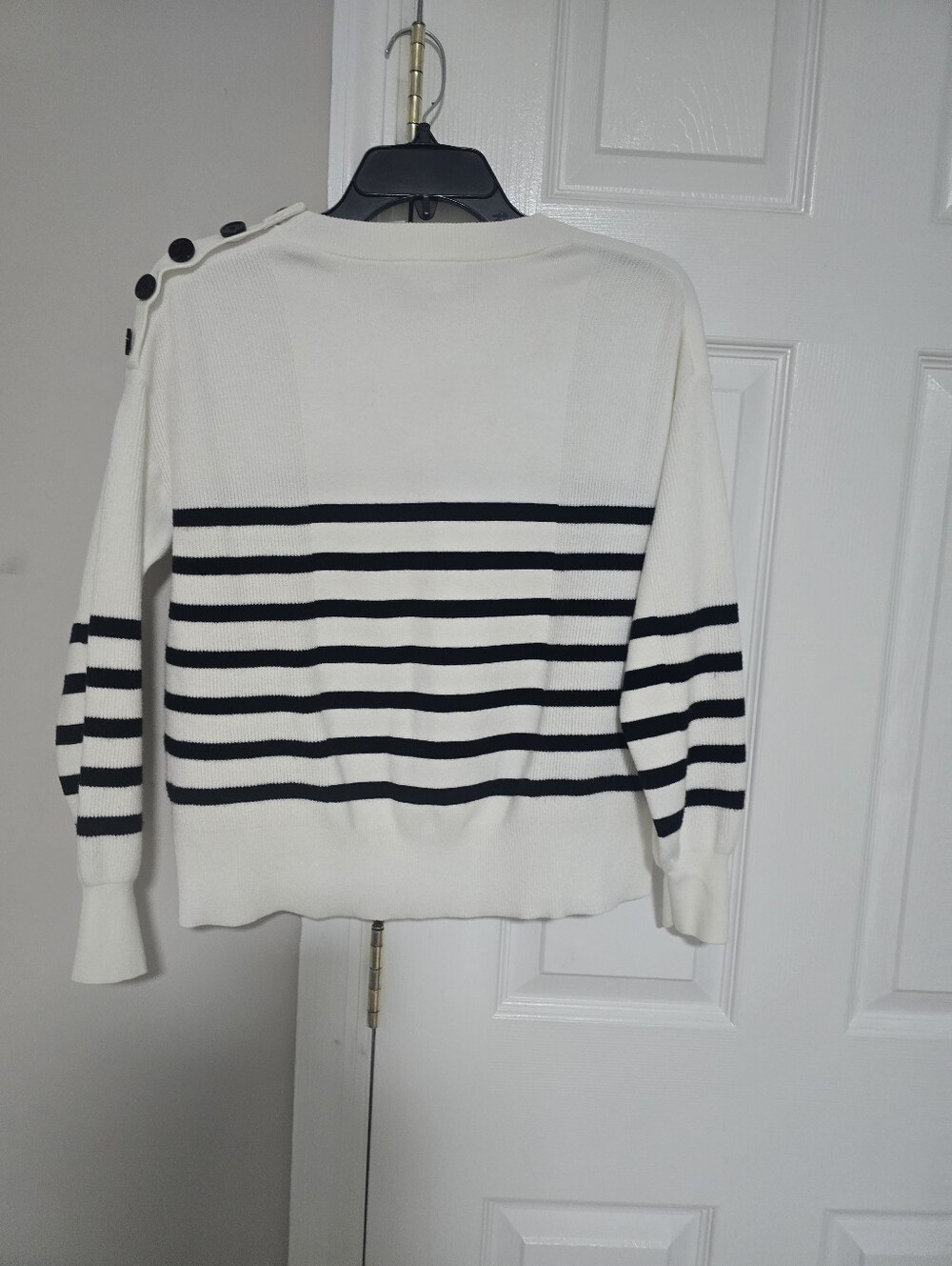 For The Republic Cream and Navy Striped Crewneck Sweater with Shoulder Buttons - Picture 7 of 11